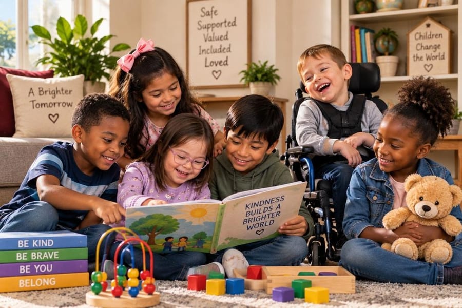 Diverse family and children in a warm community setting