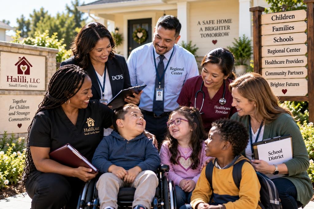 Halili team and community partners with children outside the home